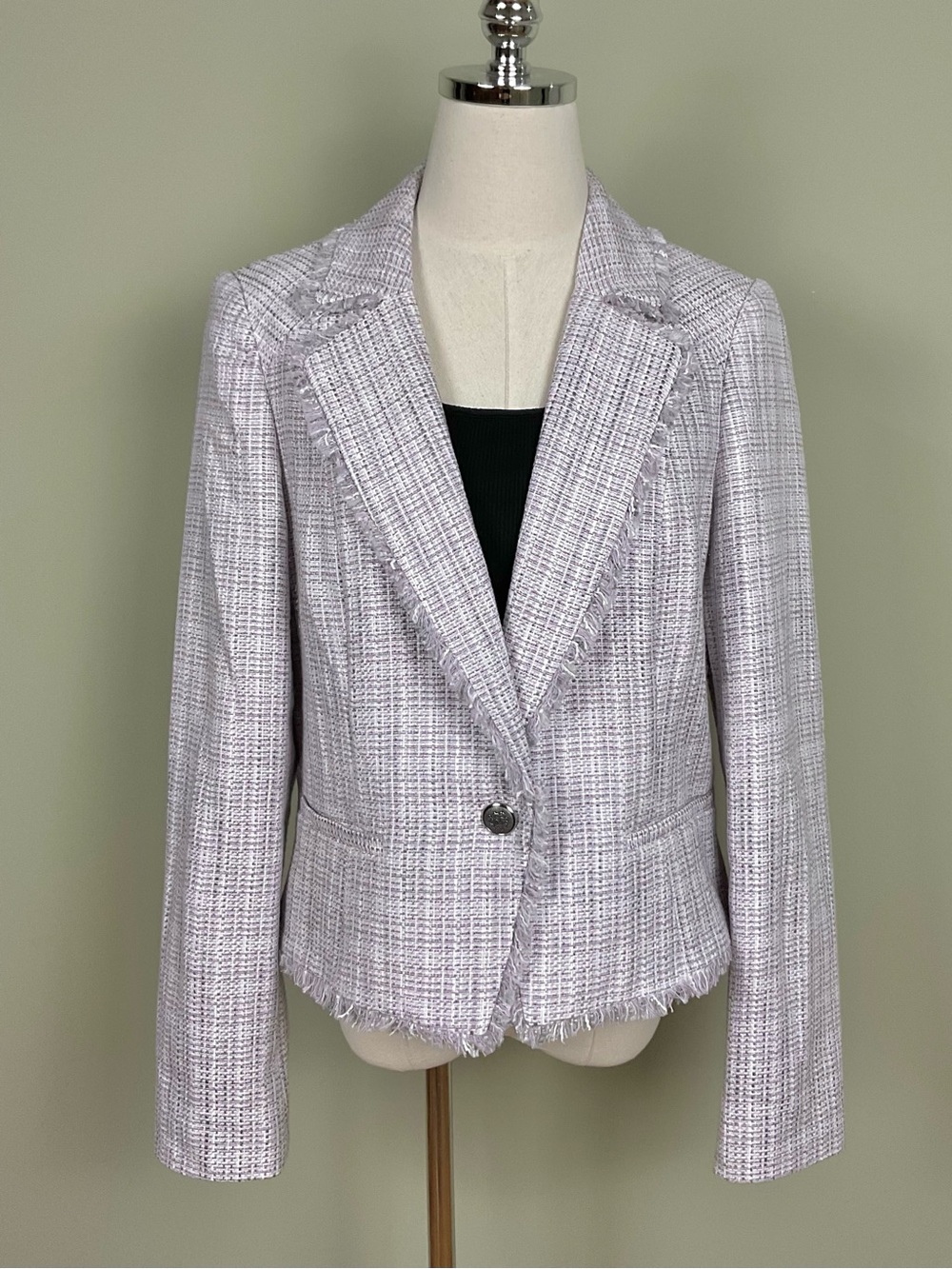 White House Black Market Tweed Cropped Fringe Blazer Jacket Wisteria Size 14